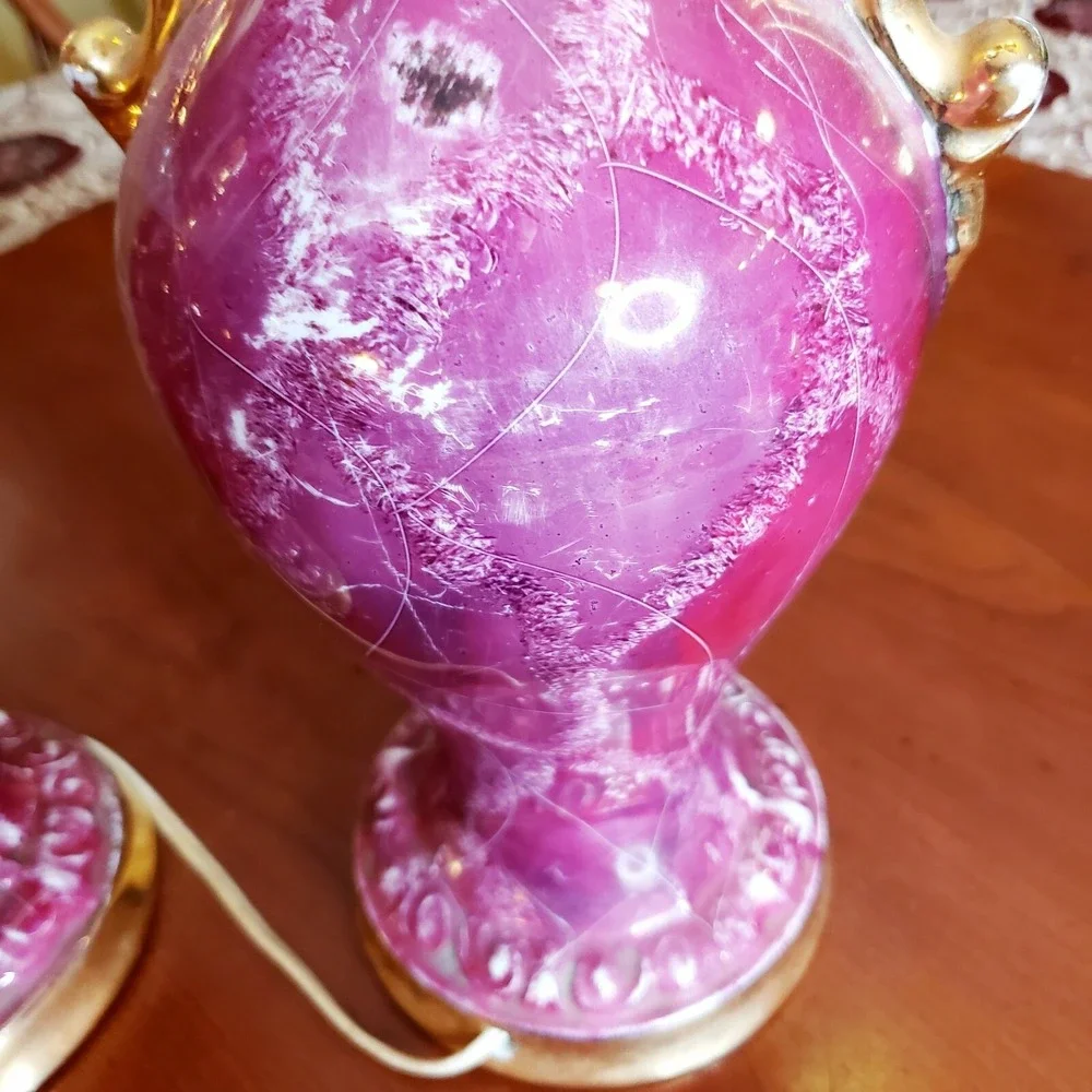 Pair of Vintage Pink Porcelain Victorian Courtship Scene Table Lamps - Gold trim